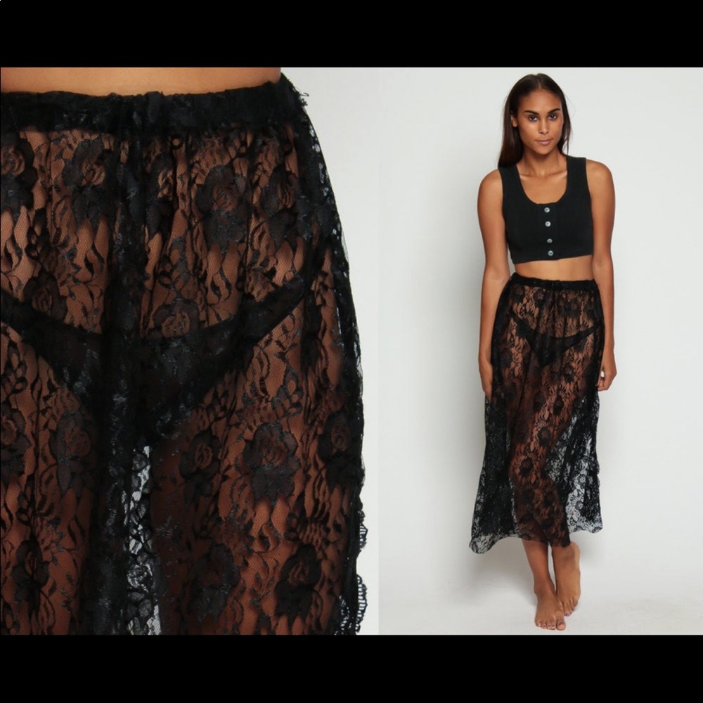 Black Lace Skirt 80s Bohemian SHEER Midi Grunge Gothic Vintage Small Medium